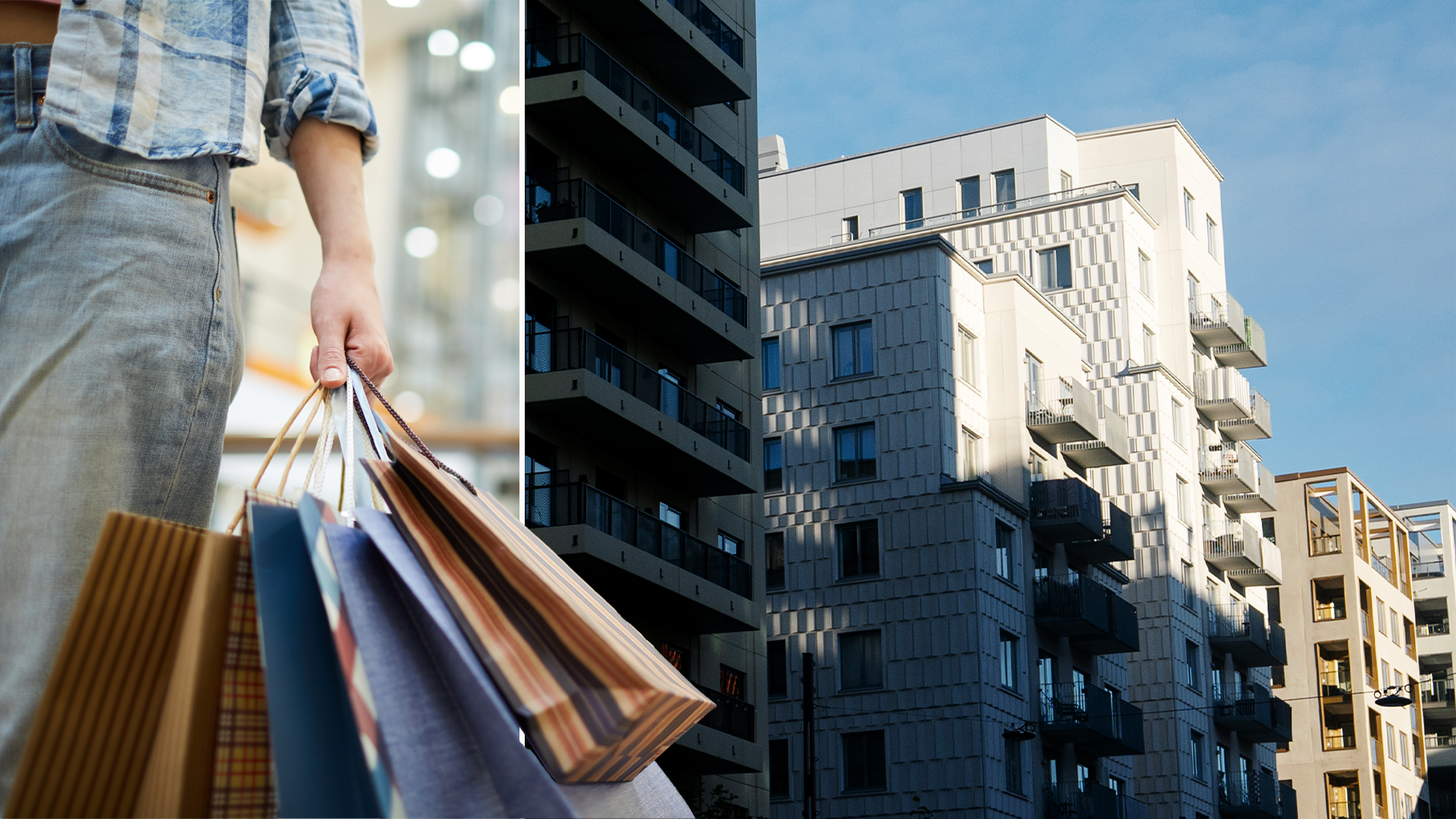 Person som håller shoppingkassar med moderna bostadshus i bakgrunden.