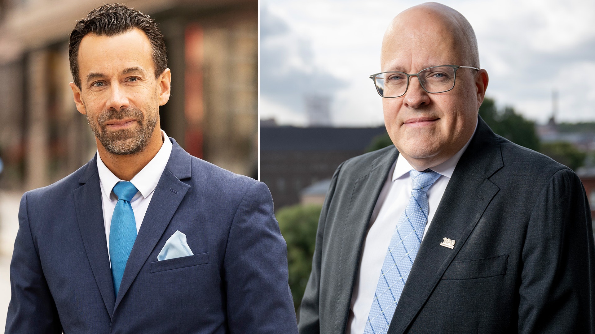 Två män i affärskläder poserar för porträtt