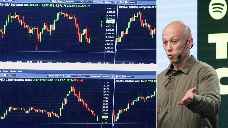 En man i beige skjorta presenterar finansiella diagram och aktiemarknadsgrafer. Bakom honom visas flera candlestick-diagram med prisrörelser för olika värdepapper, inklusive S&P 500-index och andra marknadsindikatorer. Mannen gestikulerar medan han förklarar marknadsdata. En Spotify-logga är synlig i bakgrunden till höger.