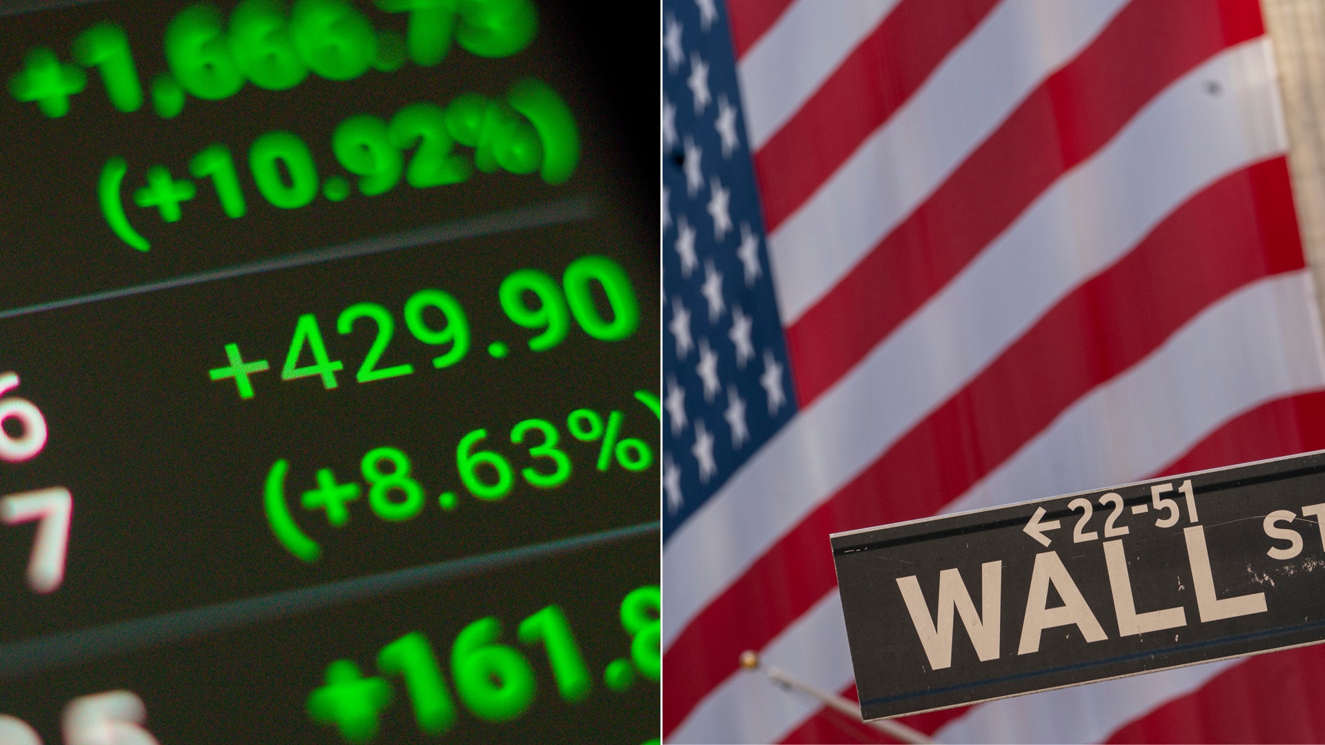 Aktiemarknadskurser med gröna siffror bredvid Wall Street-skylt och amerikansk flagga