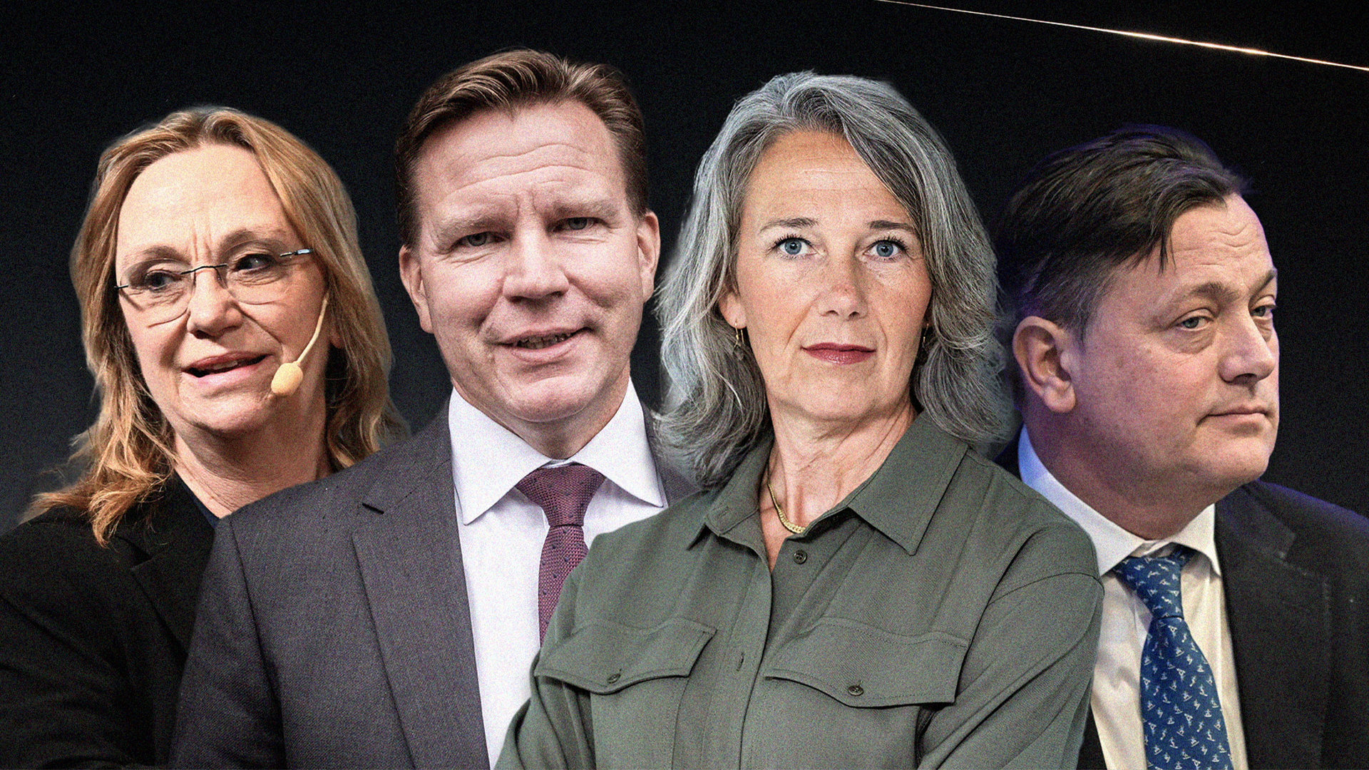Porträtt av fyra personer i professionell miljö mot mörk bakgrund.