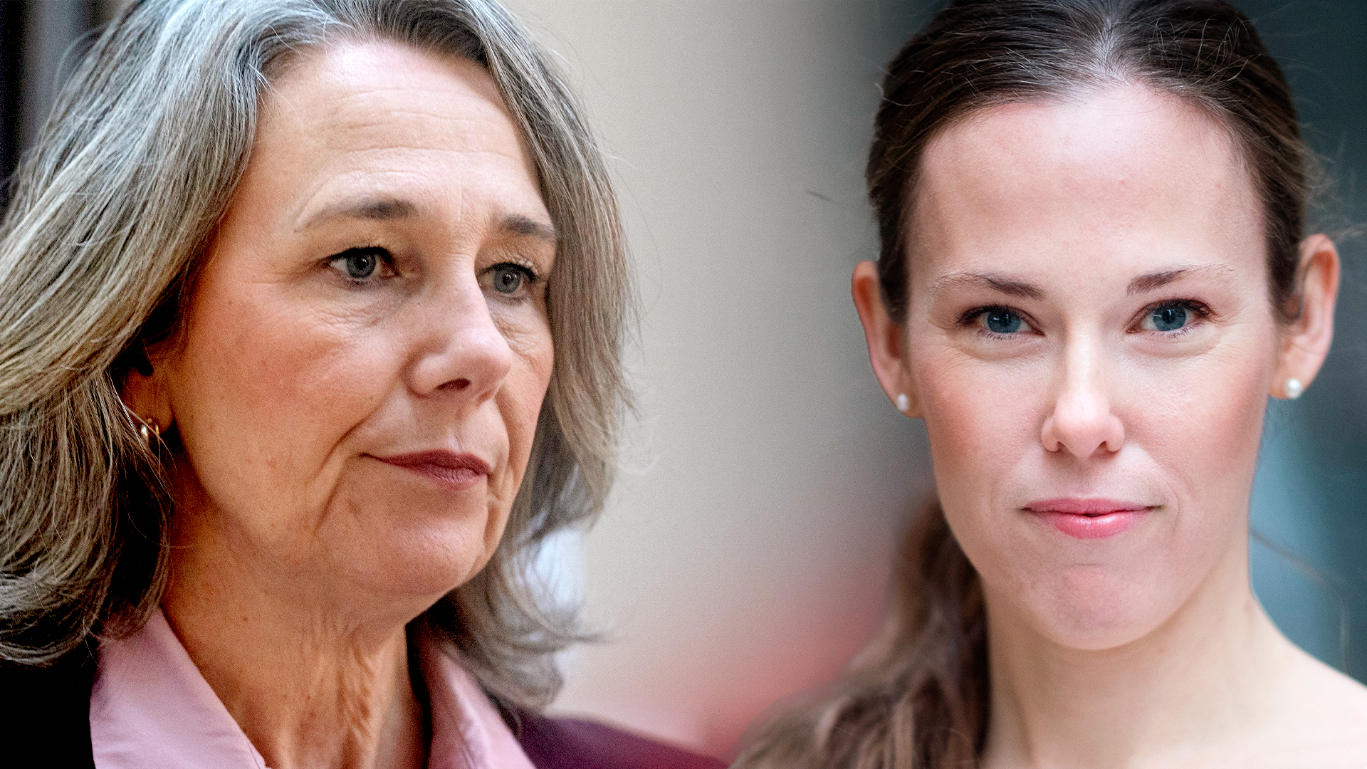 Porträtt av två kvinnor som ser in i kameran. Den vänstra kvinnan har långt grått hår och bär en lila jacka. Den högra kvinnan har mörkare hår och en neutral ansiktsuttryck.