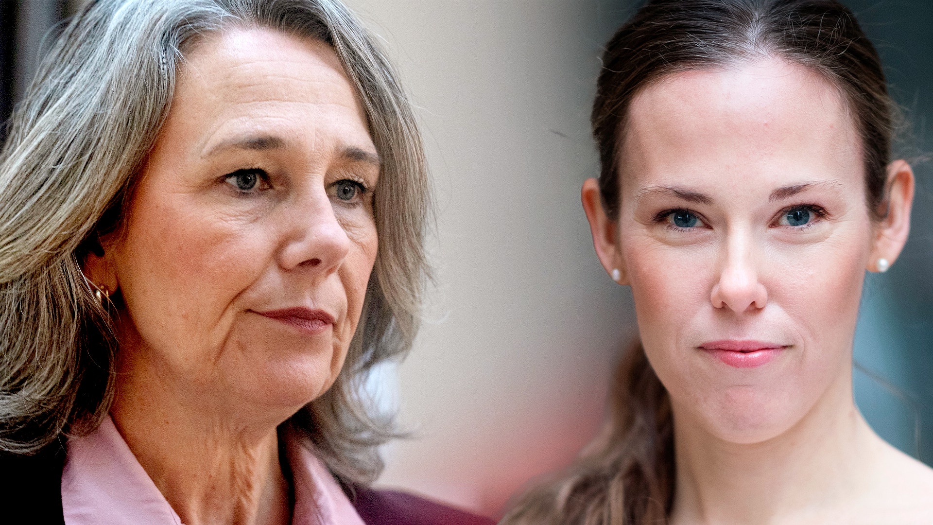 Porträtt av två kvinnor som ser in i kameran. Den vänstra kvinnan har långt grått hår och bär en lila jacka. Den högra kvinnan har mörkare hår och en neutral ansiktsuttryck.