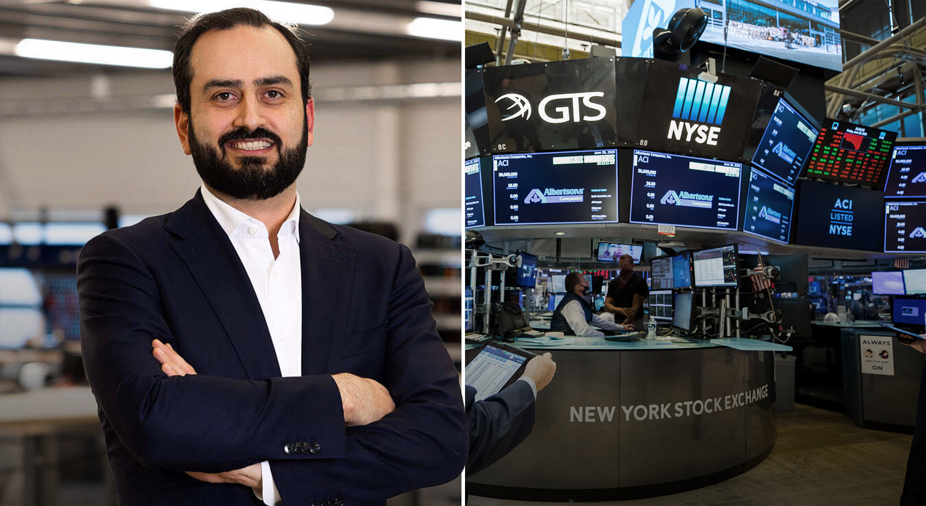 Sammansatt bild med en man i kostym på vänster sida och New York Stock Exchange handelsgolv med aktiekursskärmar på höger sida.