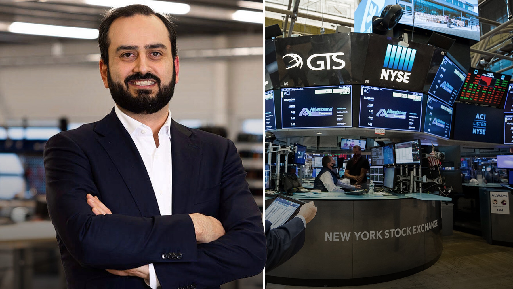 Sammansatt bild med en man i kostym på vänster sida och New York Stock Exchange handelsgolv med aktiekursskärmar på höger sida.