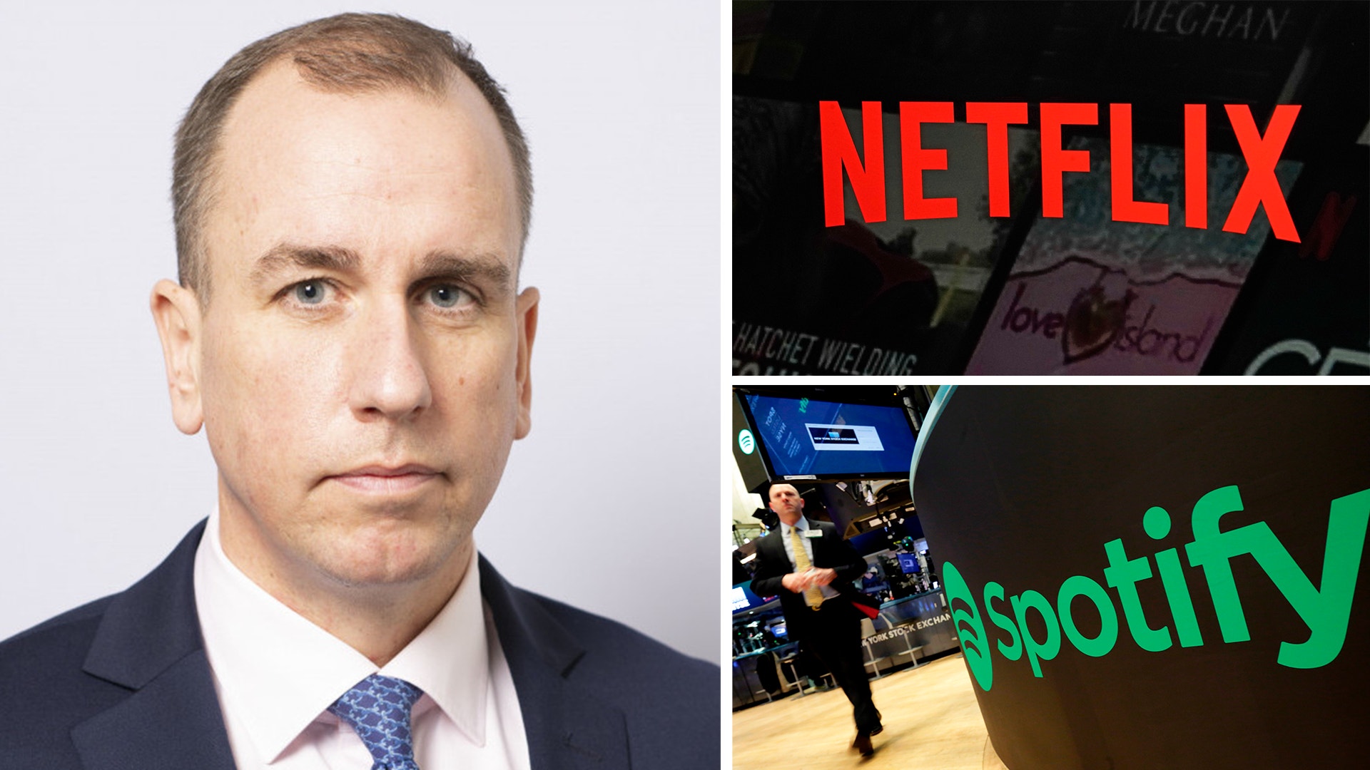 Till vänster: Paretos analyschef Stefan Wård. Till höger: Netflix och Spotifys loggor.