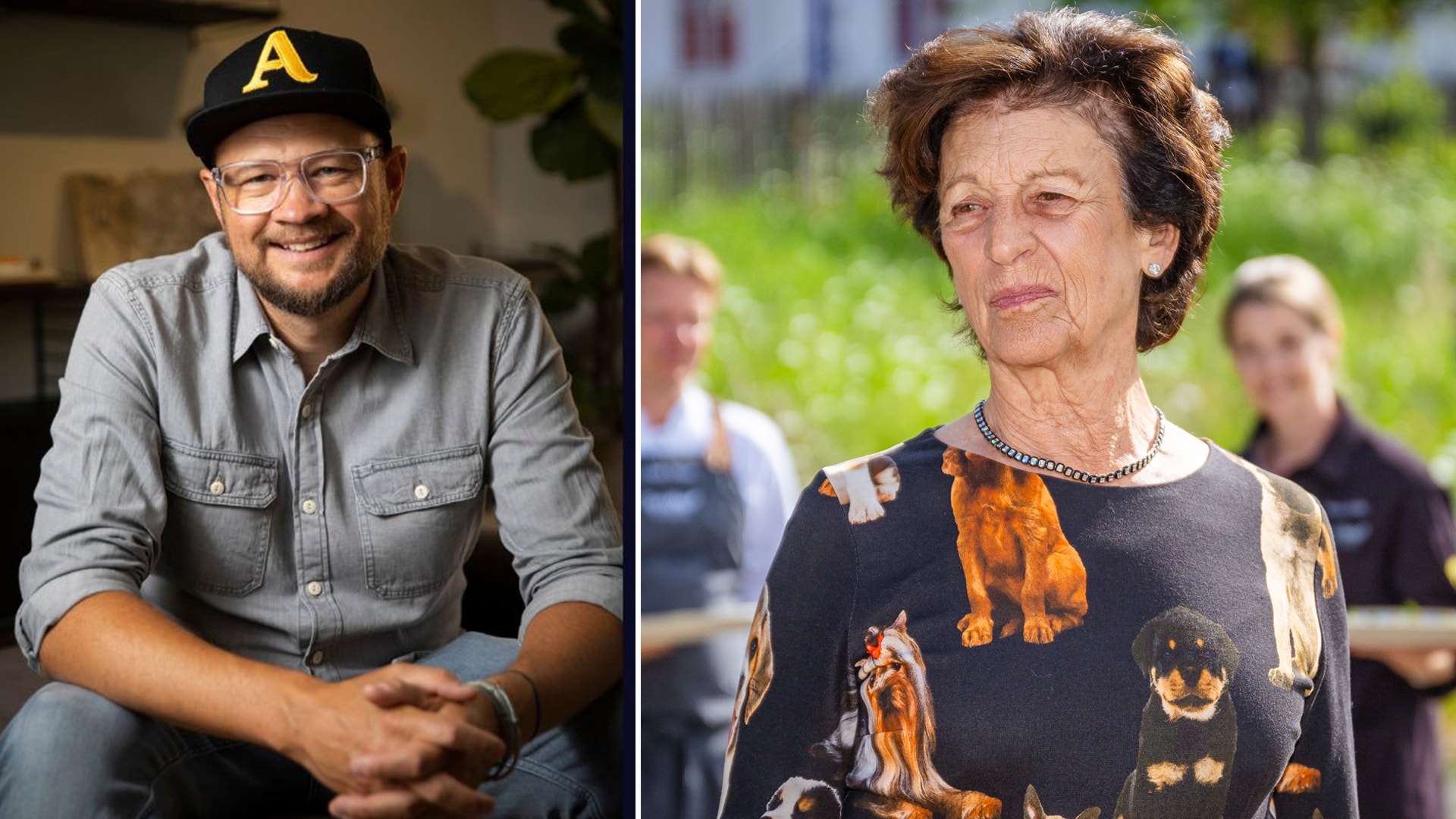 Två porträtt av personer. Till vänster en man i grå skjorta och keps, till höger en kvinna utomhus i mönstrad tröja.