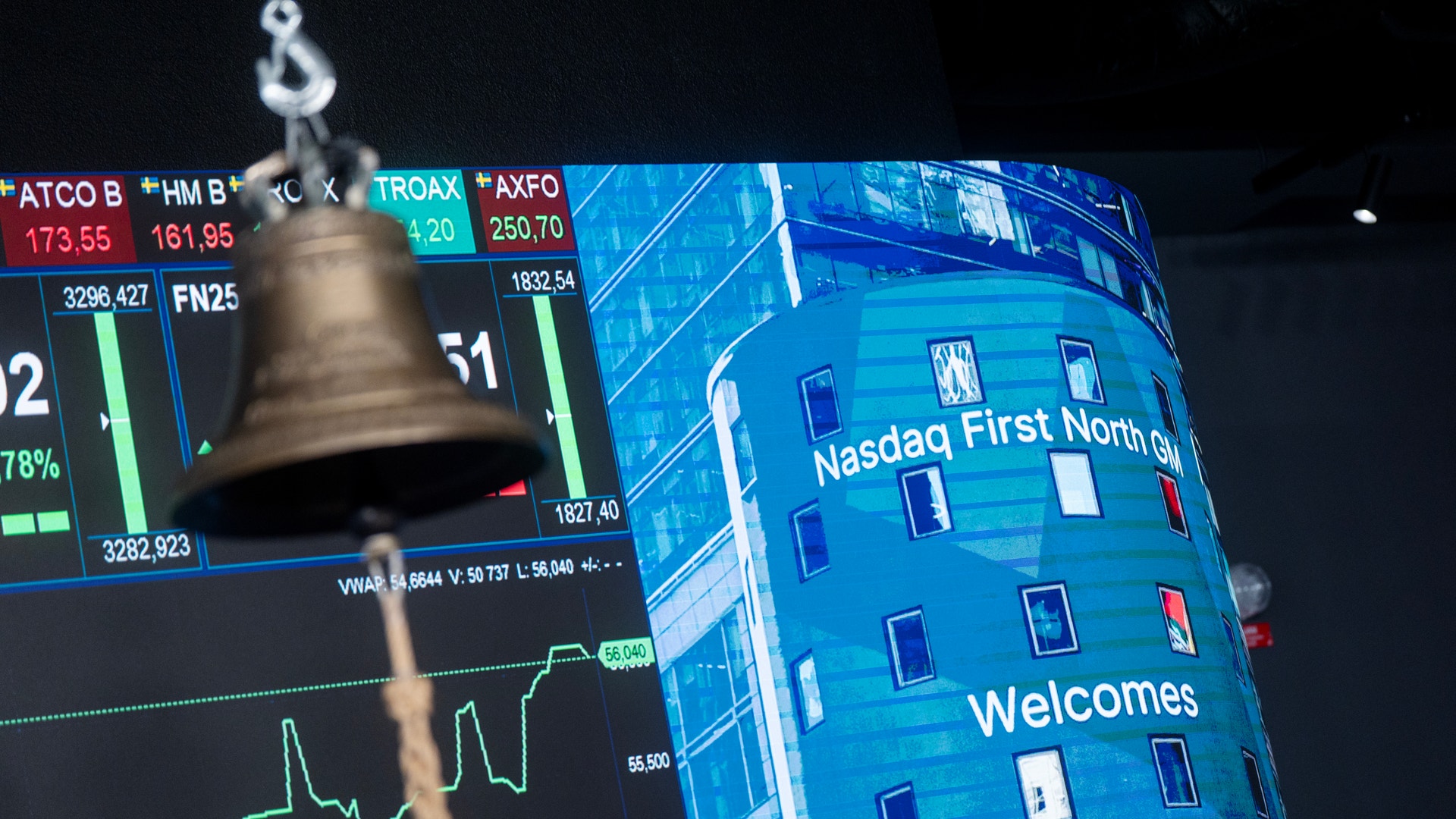 En börsklocka framför en digital skärm som visar aktiekurser och en välkomsthälsning från Nasdaq First North.
