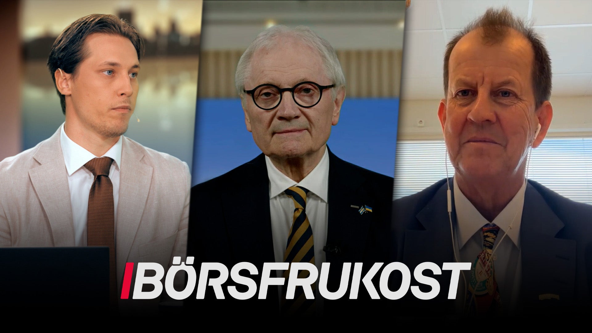 Tre män i affärskläder presenteras under texten Börsfrukost