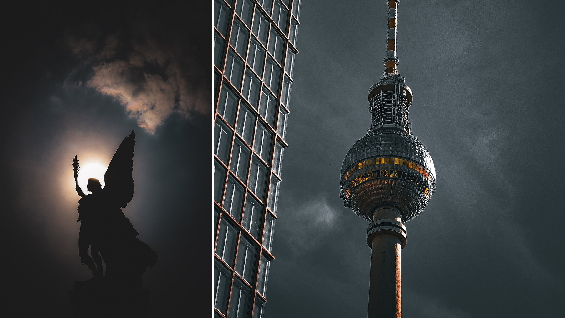 Stadsvy från Berlin med en ängelskulptur i silhuett, en modern byggnad och Fernsehturm-tornet under dramatisk molnig himmel.
