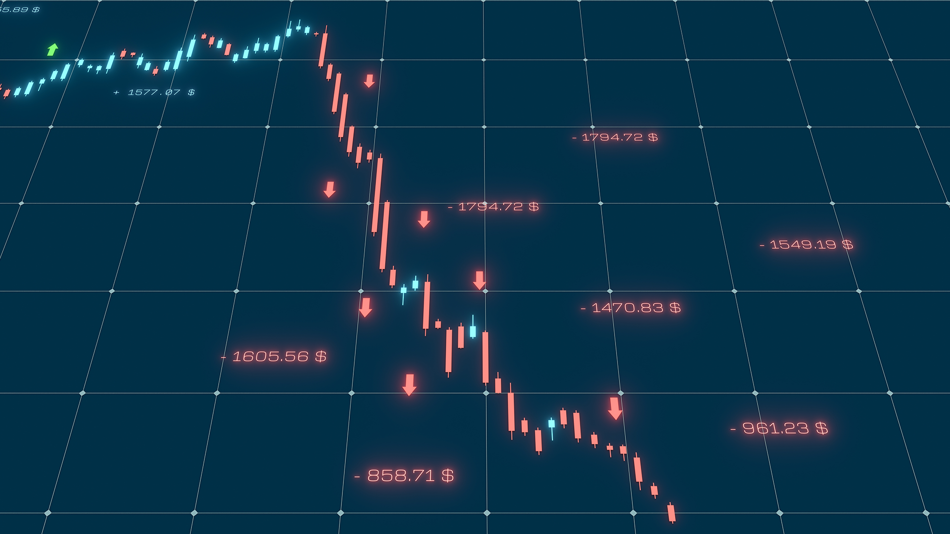 Finansiell aktiekurs-diagram som visar en nedåtgående trend med röda och vita staplar på en mörkblå bakgrund.