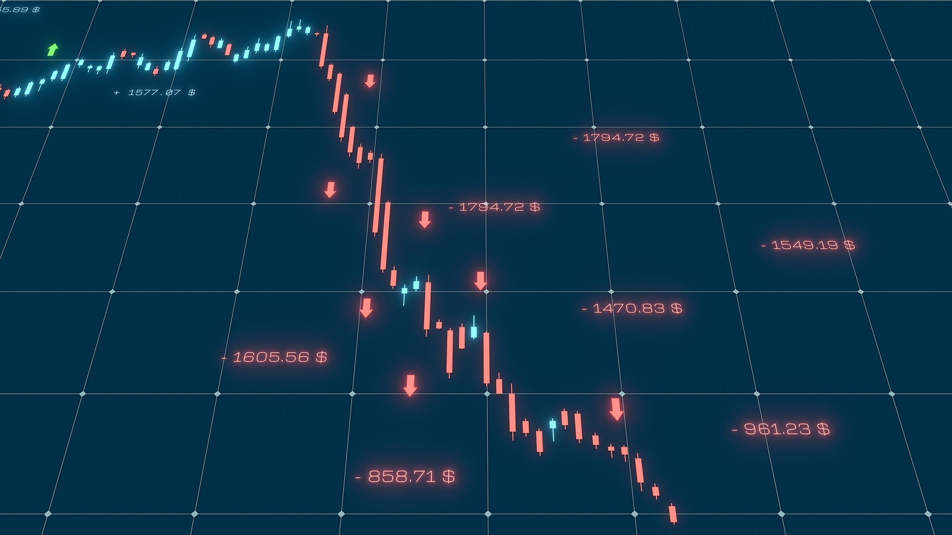 Finansiell aktiekurs-diagram som visar en nedåtgående trend med röda och vita staplar på en mörkblå bakgrund.
