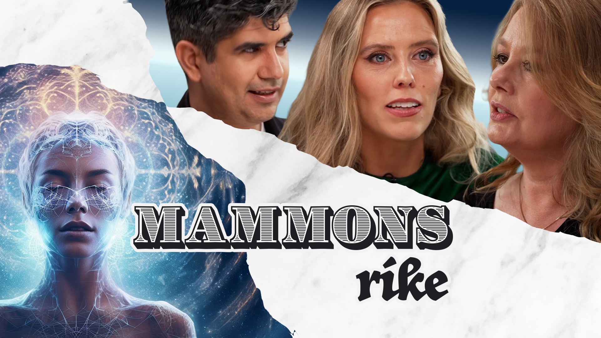 Ett montage med mammons-panelen till höger, och en cyborg-liknande kvinna till vänster.
