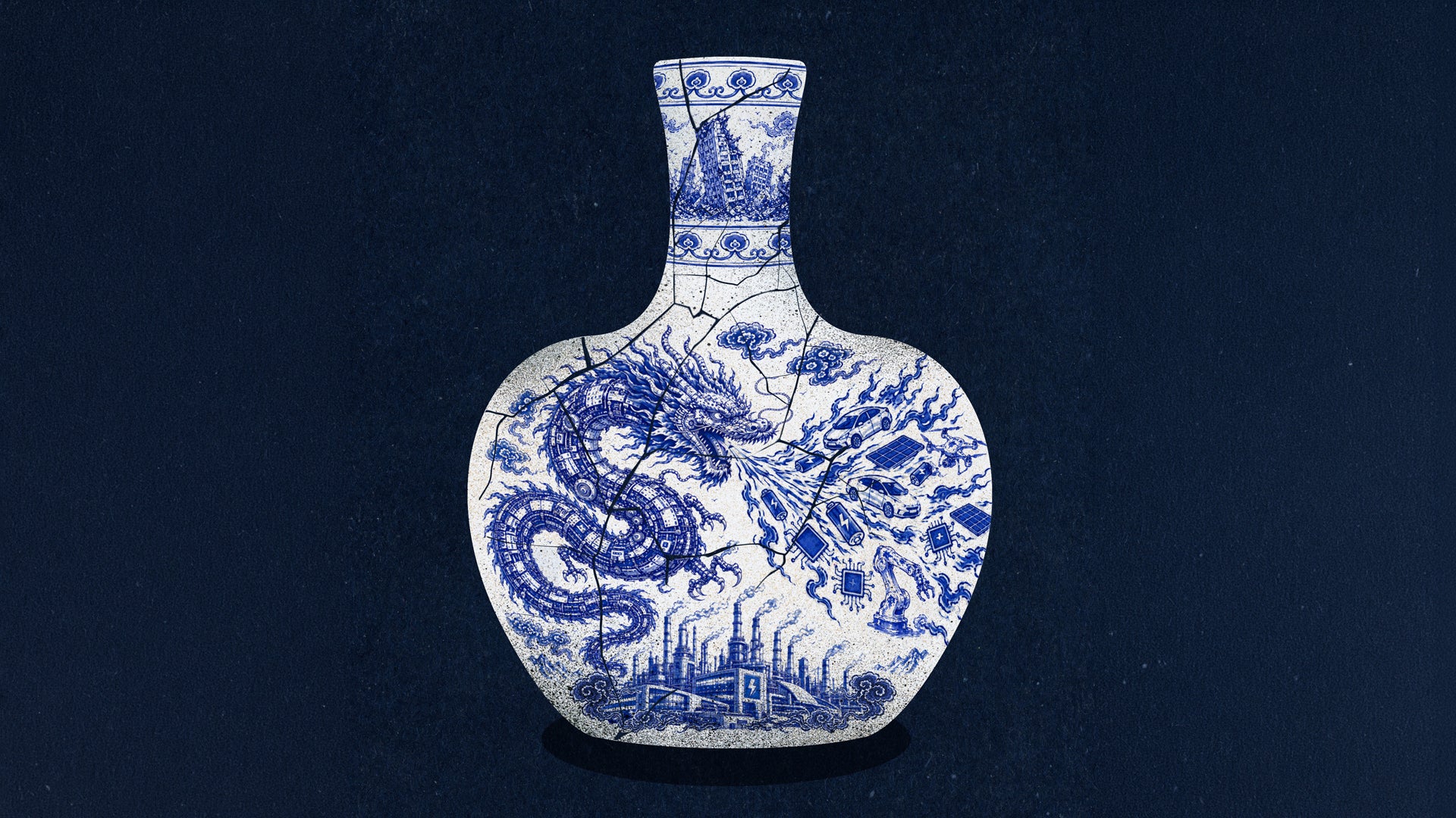 En blå och vit porslinvas med orientalisk design föreställande en drake och berglandskap.