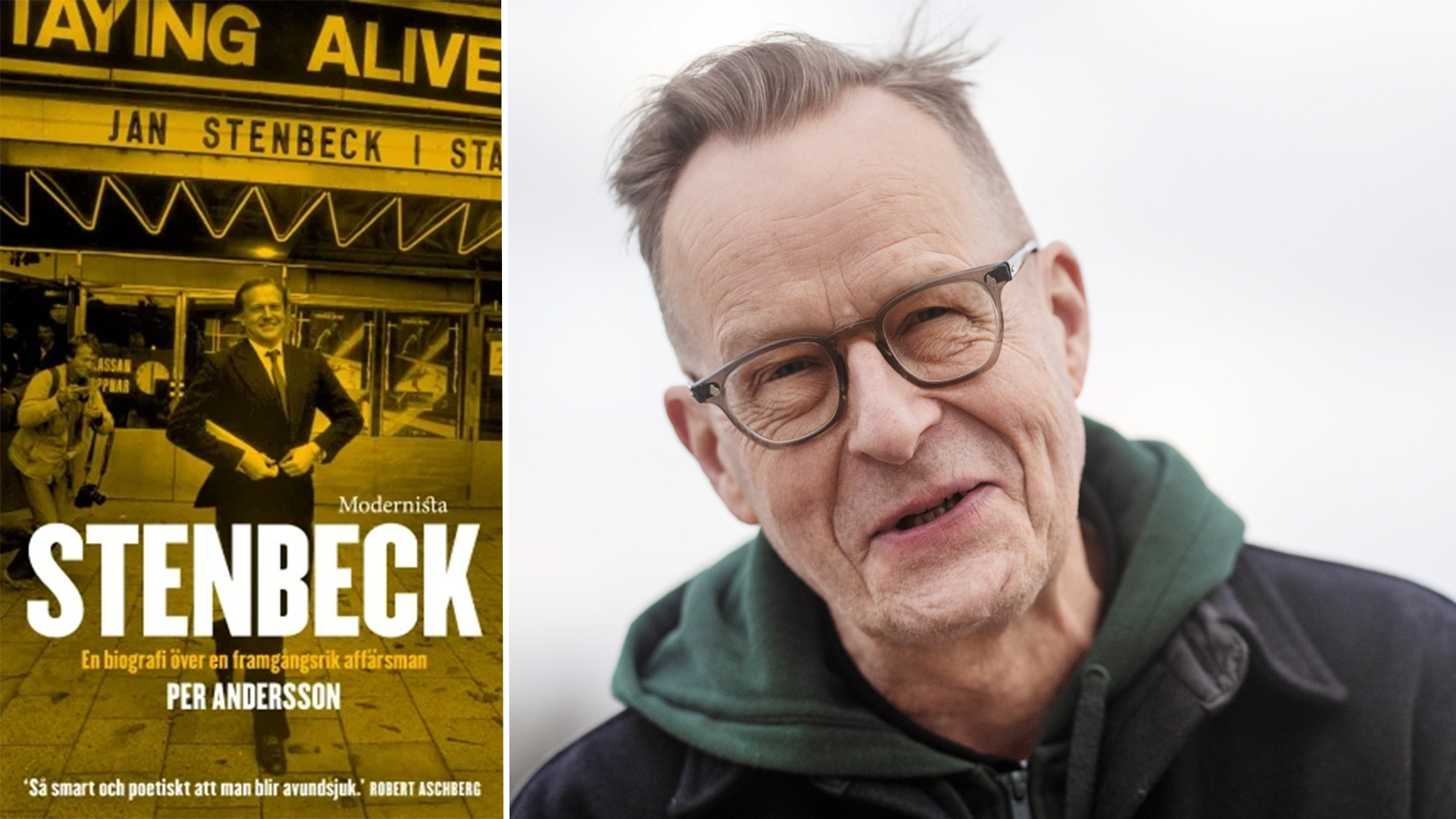 Bokcover för biografin Stenbeck av Per Andersson tillsammans med porträtt av en man med glasögon och grön hoodie.