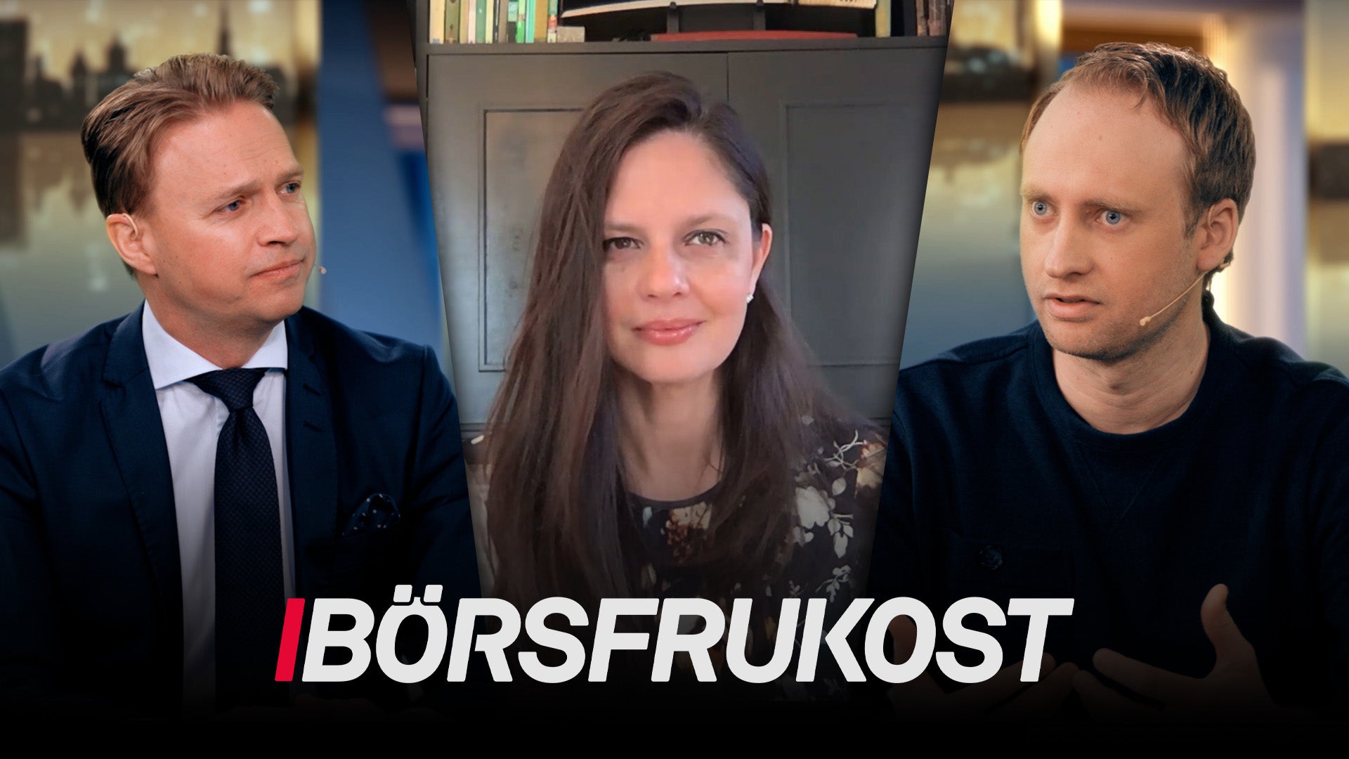 Tre personer i en intervjusituation med texten Börsfrukost