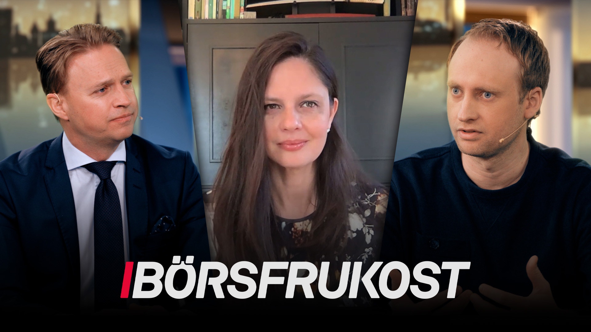 Tre personer i en intervjusituation med texten Börsfrukost
