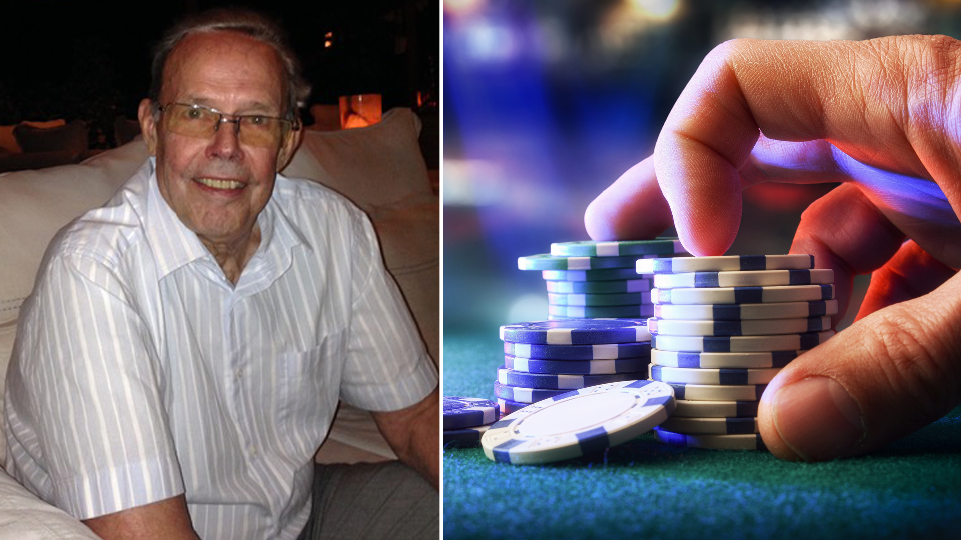 Sammansatt bild med en man i vit skjorta på vänster sida och en hand som håller pokerkort över pokerchips på höger sida.