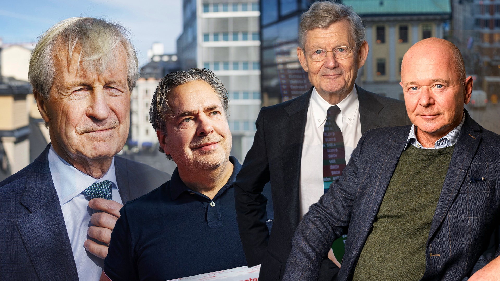 Fyra män står tillsammans och poserar för en gruppfoto med stadssilhuett i bakgrunden.