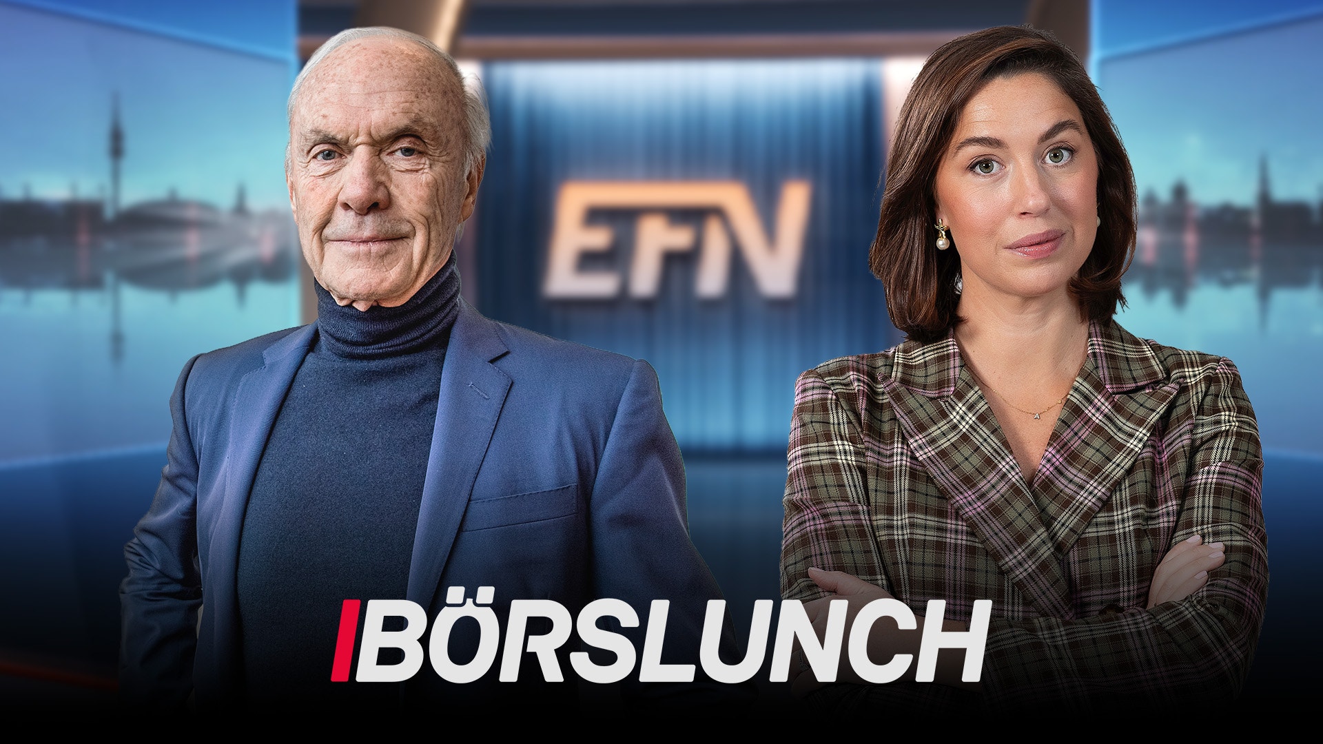 Två tv-programledare framför EFN:s studiobakgrund med texten Börslunch.