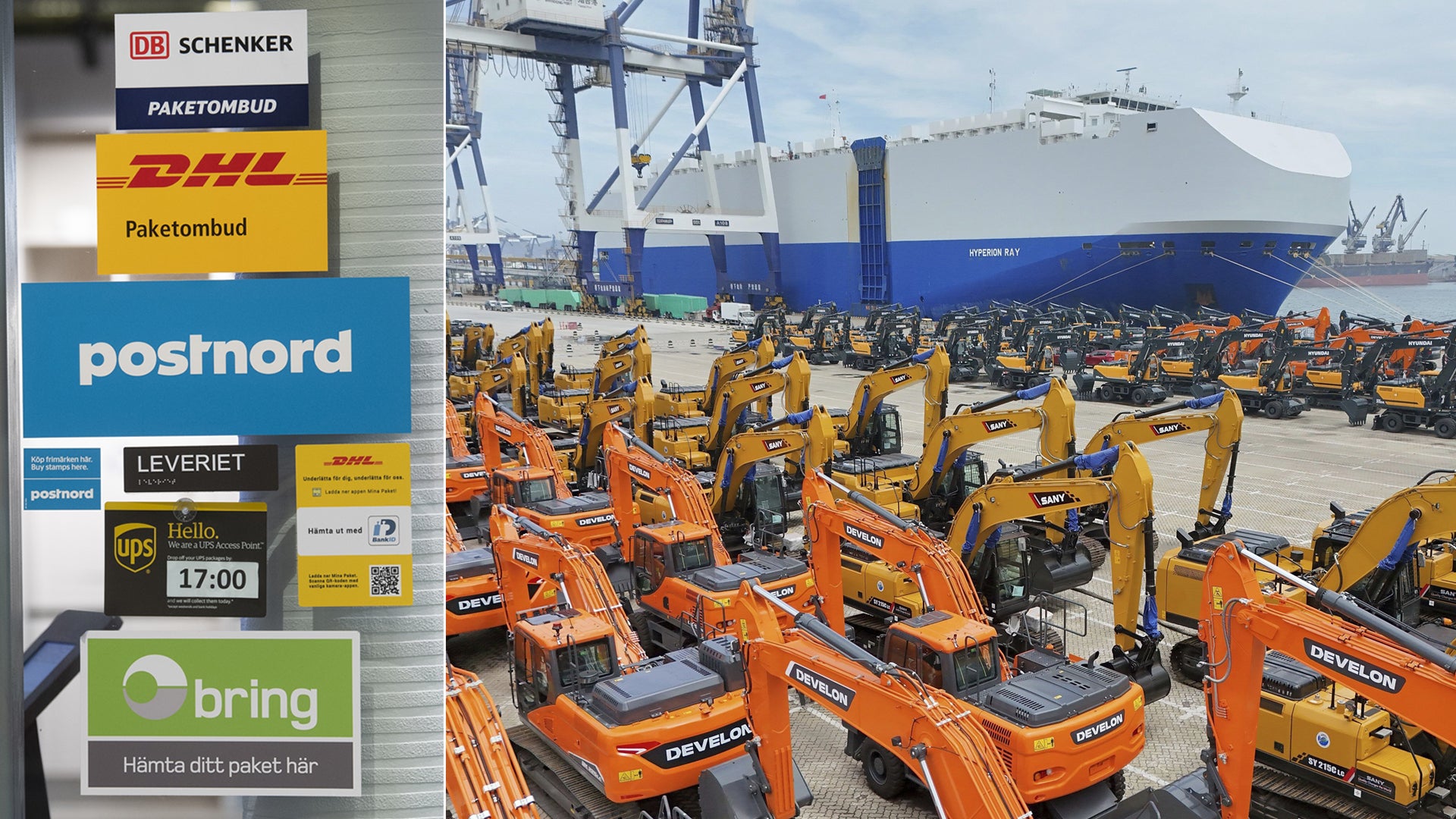 Orange grävmaskiner parkerade vid en hamn med ett lastfartyg i bakgrunden.