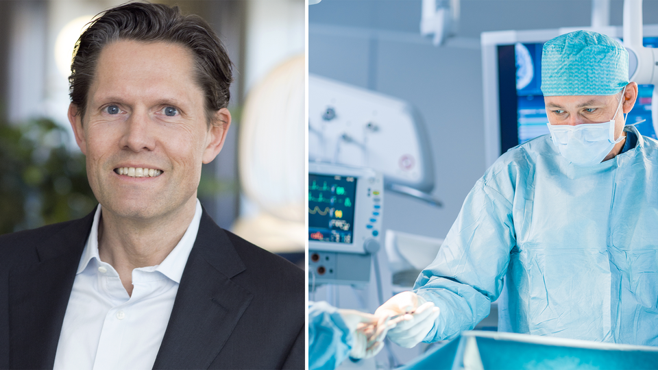 Johan Falk vd för Asker Healthcare till vänster, bild från en sjukhussal till höger.