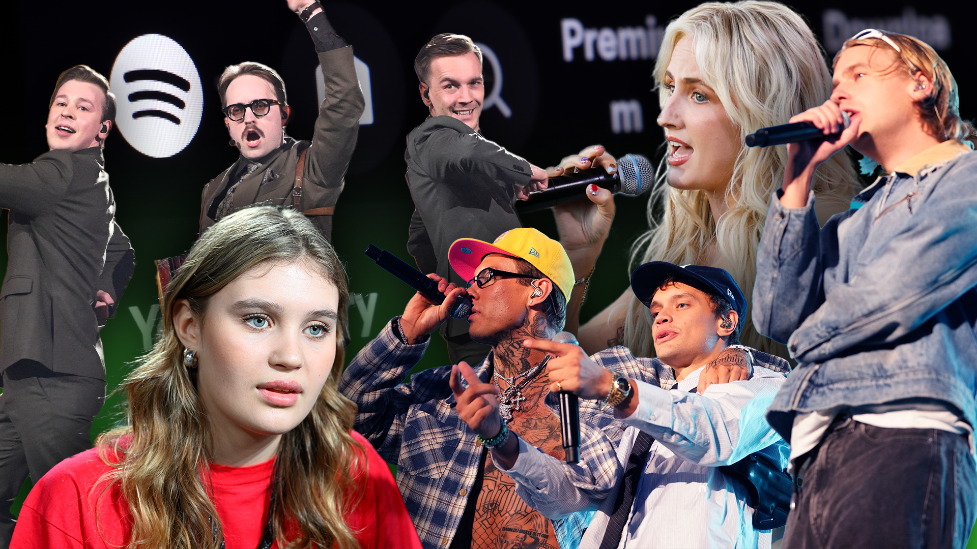 Framför Spotifyloggan i ett kollage står bandet KAJ, Fanny Avonne, Hov1 och Ida-Lova, som alla platsar på årets Spotify Wrapped.