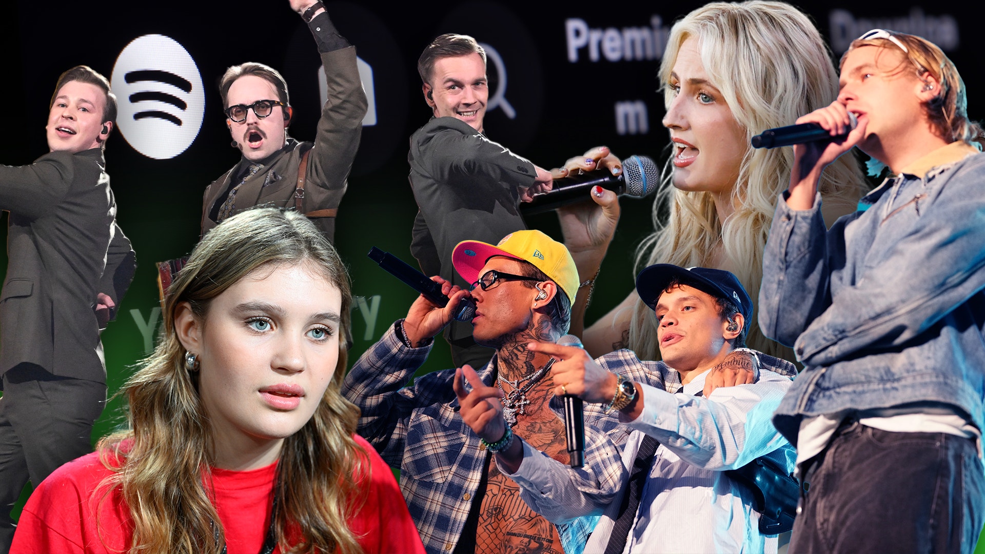 Framför Spotifyloggan i ett kollage står bandet KAJ, Fanny Avonne, Hov1 och Ida-Lova, som alla platsar på årets Spotify Wrapped.