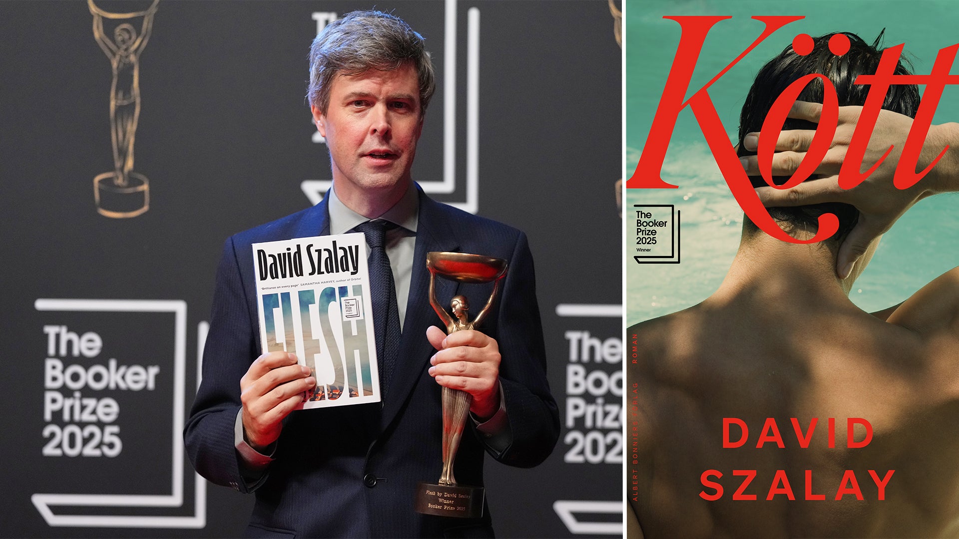 David Szalay vinner Booker Prize 2025 för sin roman Kött. Bilden visar honom med priset och boken, samt bokomslaget.