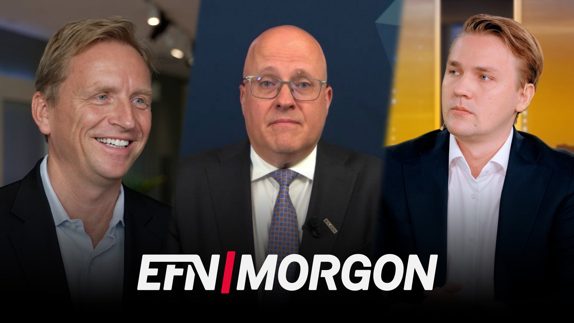 Tre män i en tv-studiomiljö. Texten EFN MORGON visas längst ned på bilden.