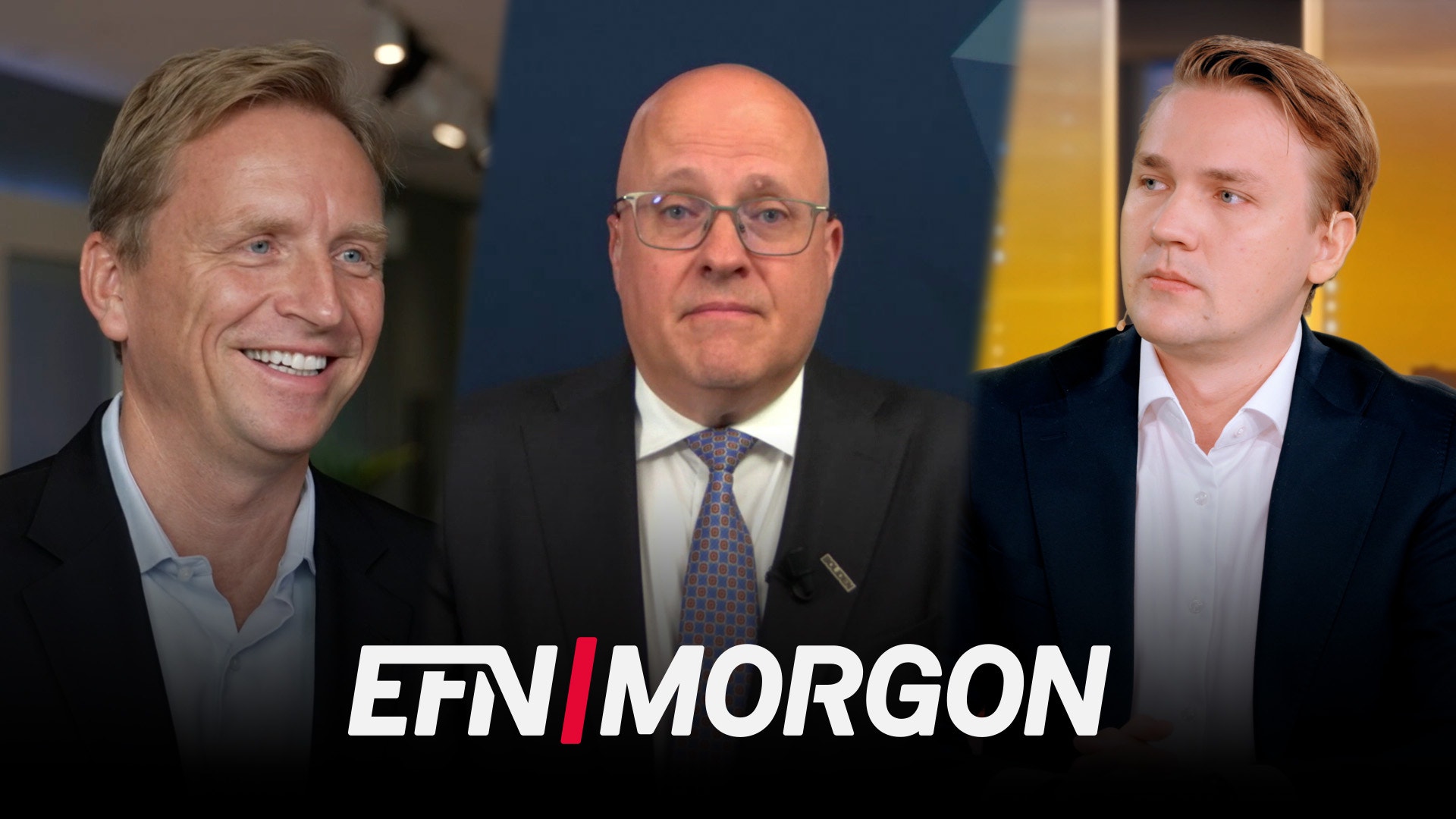 Tre män i en tv-studiomiljö. Texten EFN MORGON visas längst ned på bilden.