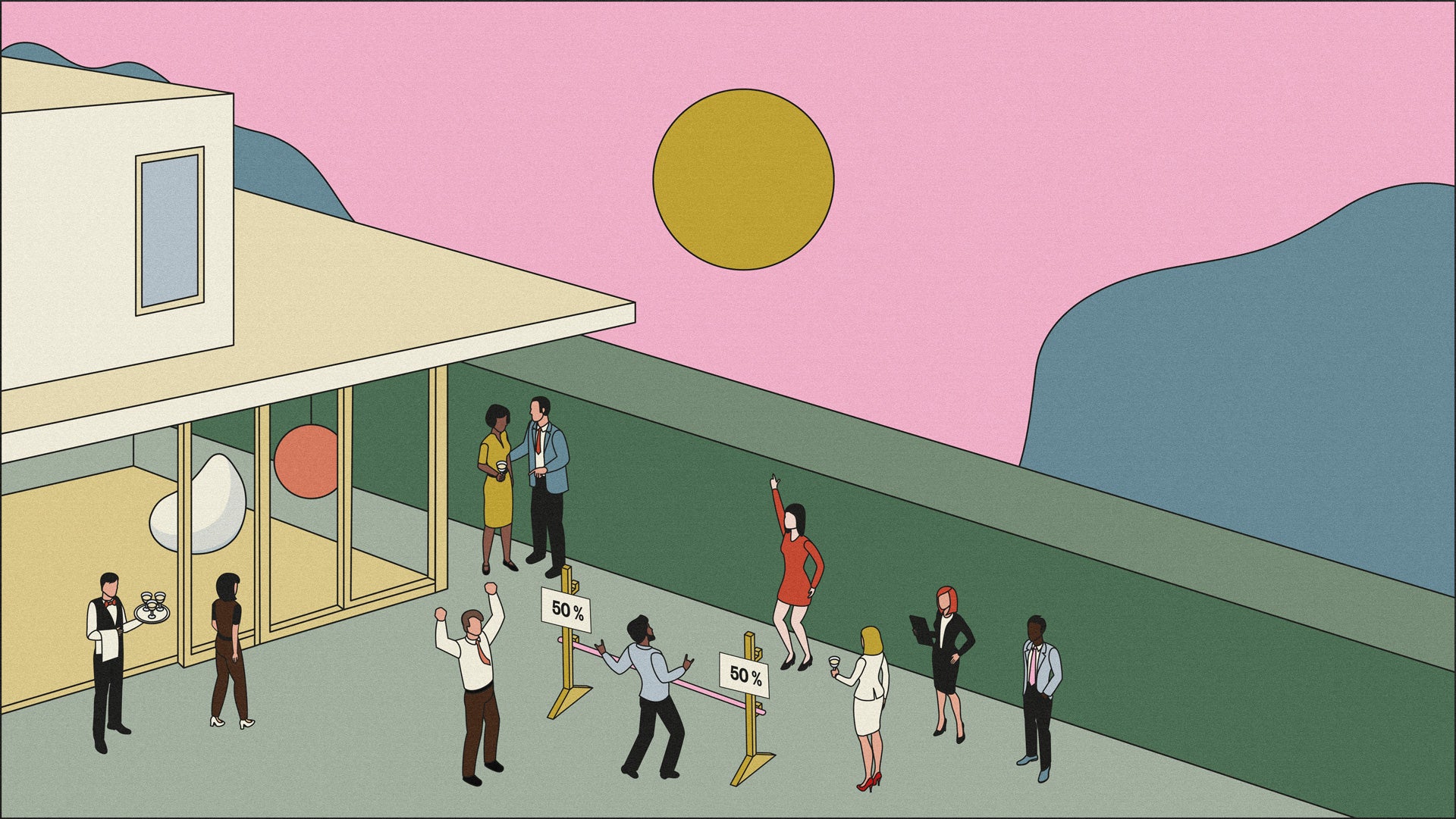 Illustration av välklädda personer som minglar och firar utanför en lyxvilla, med skyltar som visar 50 procent.