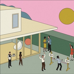 Illustration av välklädda personer som minglar och firar utanför en lyxvilla, med skyltar som visar 50 procent.