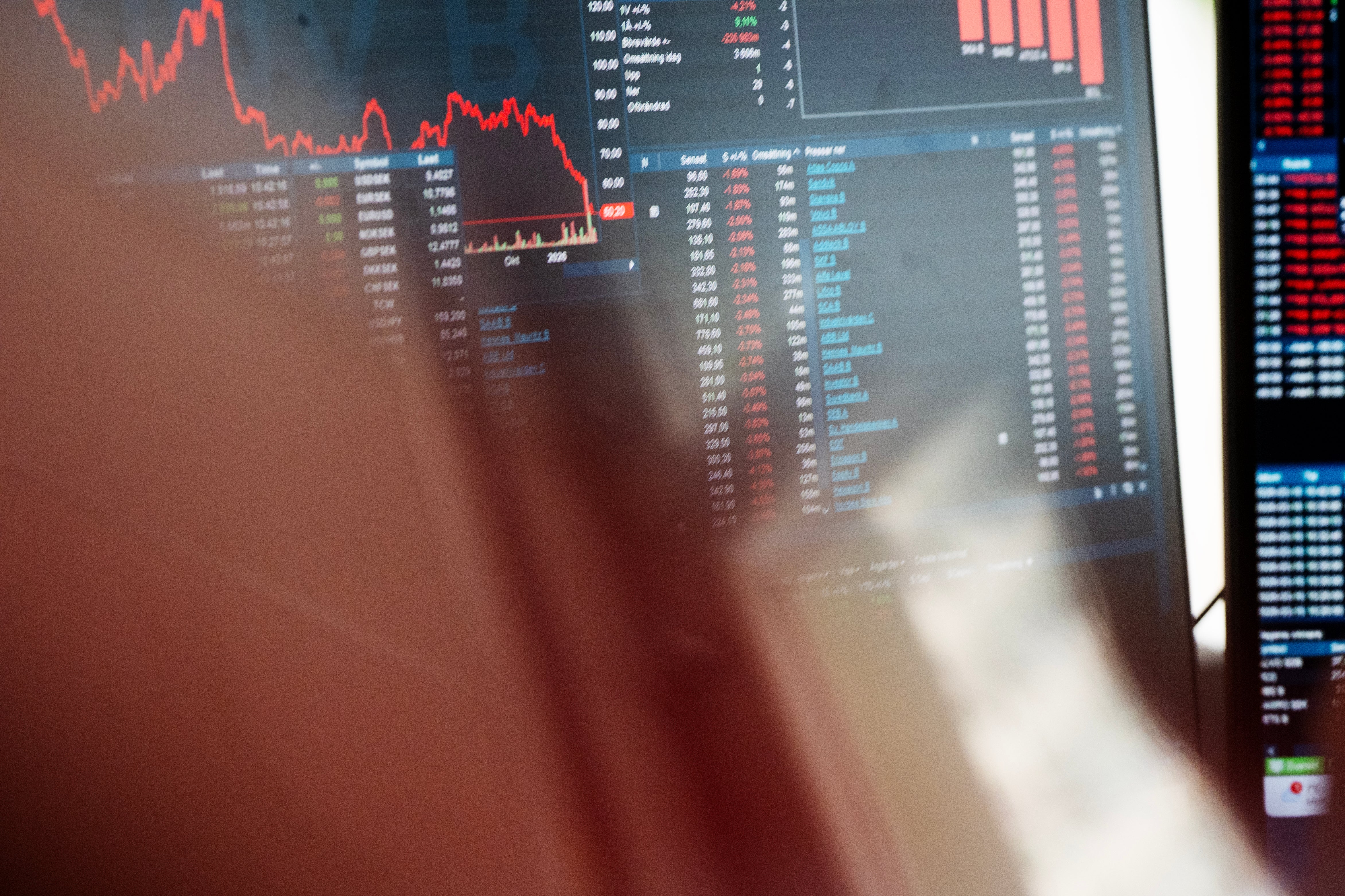 Finansiell handelsskärm med aktiekurser och röda nedåtgående grafer