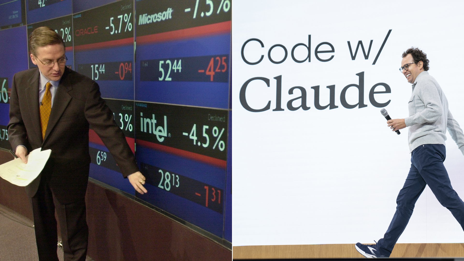 Två personer i en delad bild. Till vänster en man i affärsdräkt framför en börskärm. Till höger text som säger "Code w/ Claude" med en person i casual kläder.