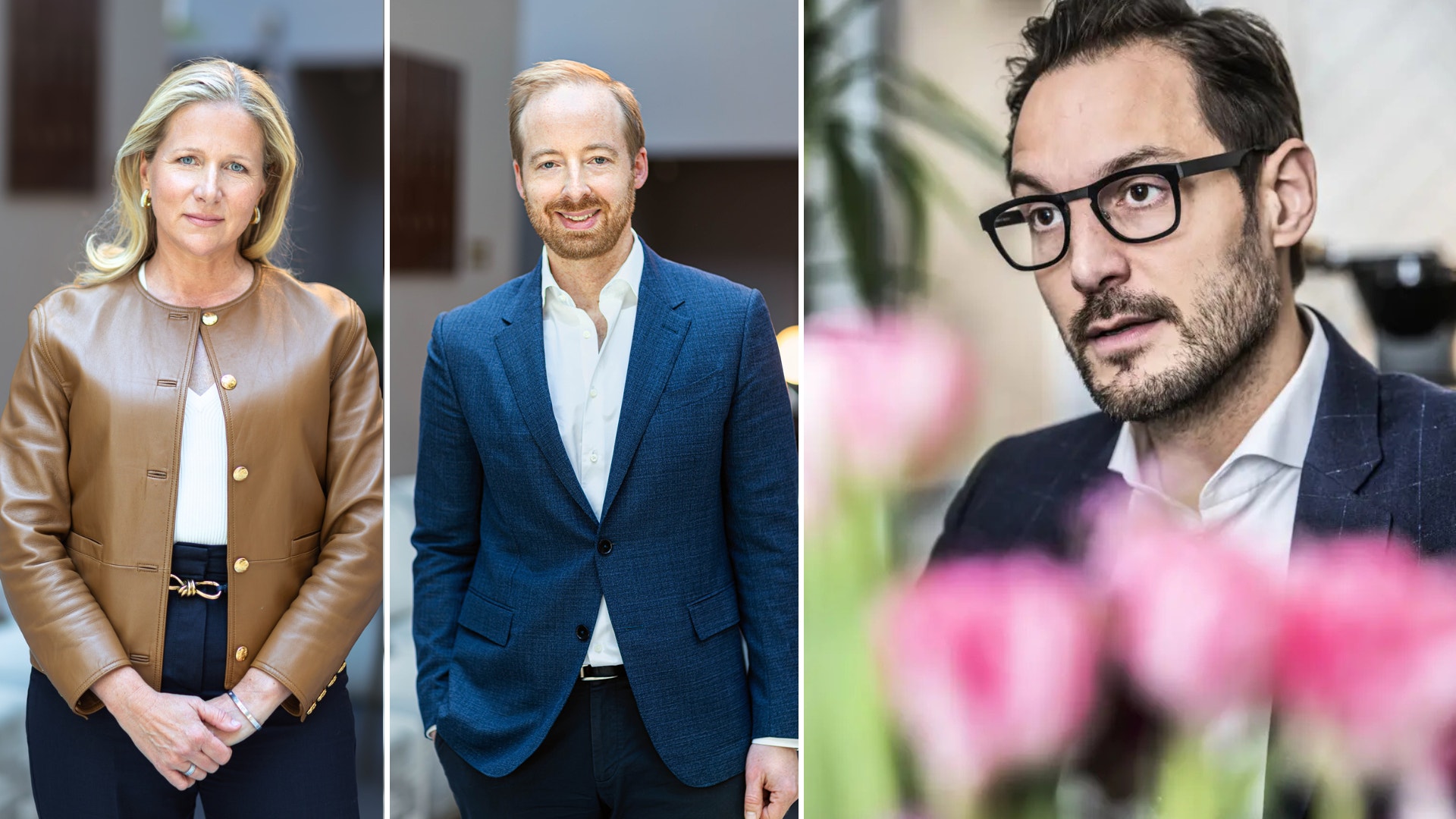 Tre porträttfoton av affärspersoner i professionell miljö