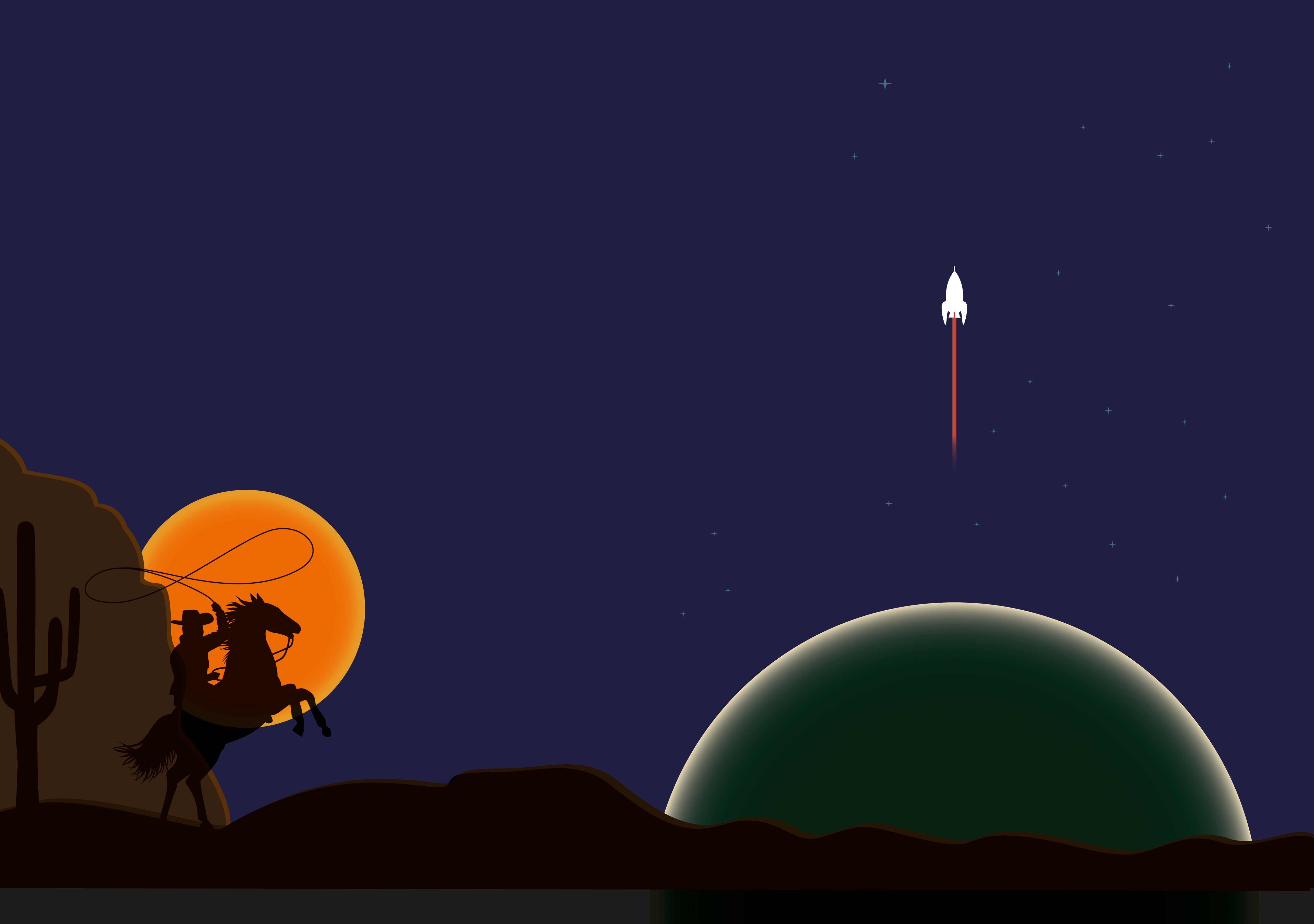 Illustration av en raket som skjuts upp mot stjärnhimlen, med en planet på horisonten och en kaktus i förgrunden mot en orange måne.
