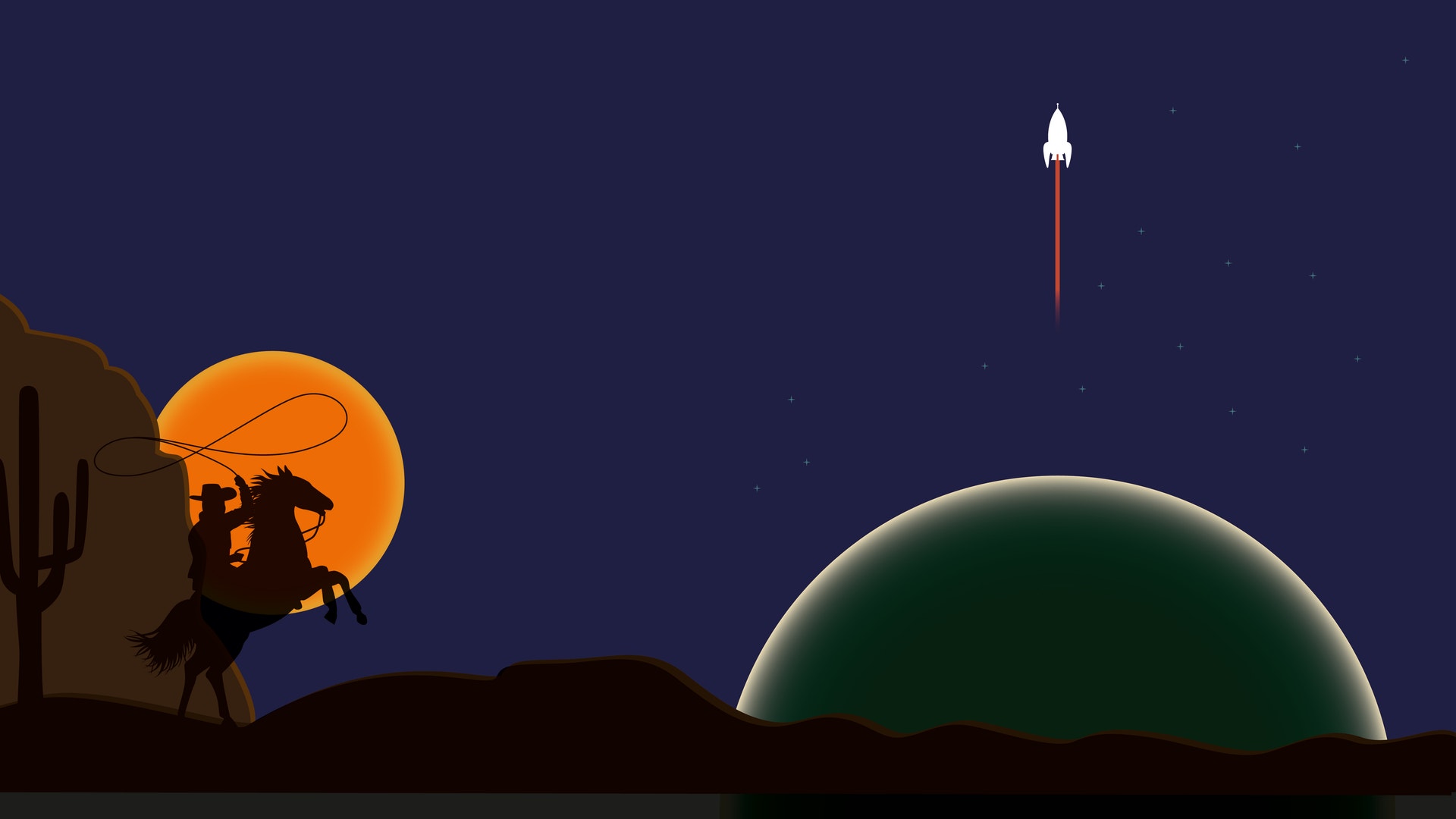 Illustration av en raket som skjuts upp mot stjärnhimlen, med en planet på horisonten och en kaktus i förgrunden mot en orange måne.
