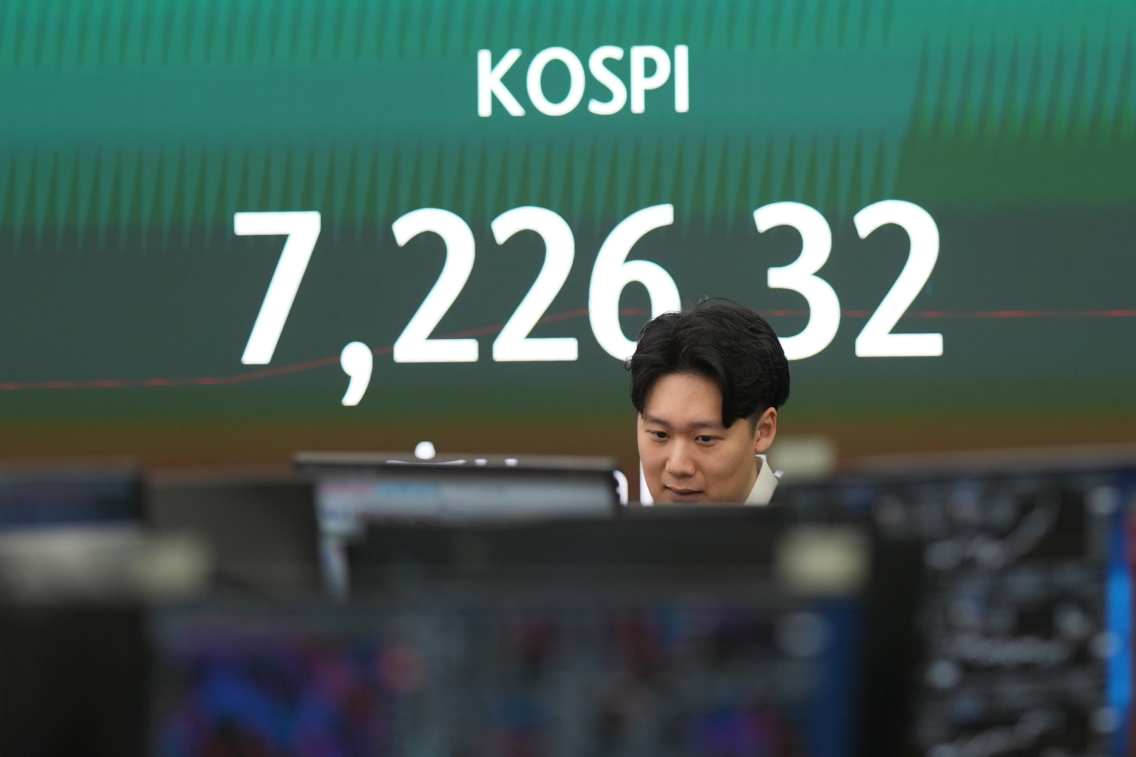Man sitter framför en skärm som visar KOSPI-aktieindex med värdet 7,226.32