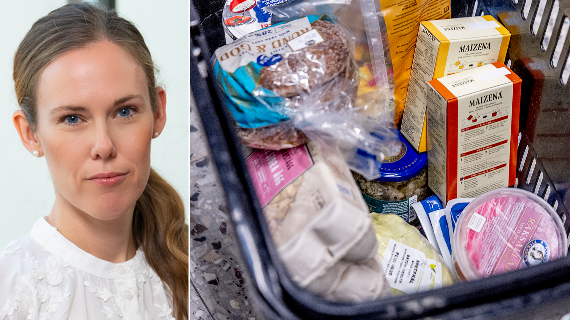 Sammansatt bild med porträtt av en kvinna till vänster och en matväska fylld med livsmedel till höger, illustrerar ämnet matpriser och inflation.