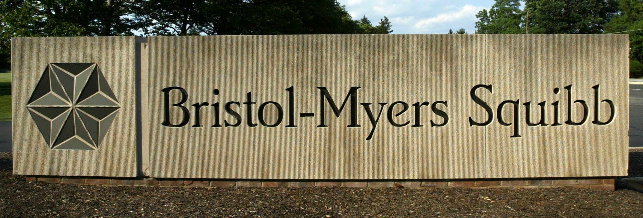 Skylt för läkemedelsföretaget Bristol-Myers Squibb med företagslogotyp och namn på ljusgrå bakgrund, omgiven av gröna träd.