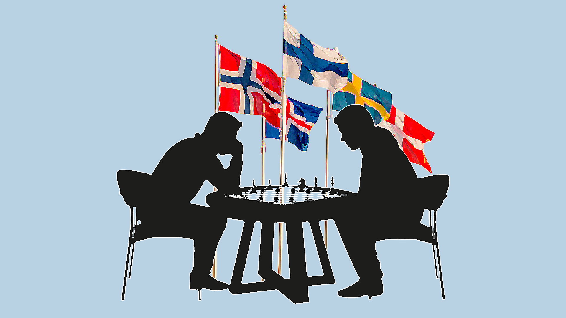 Två personer spelar schack med nordiska flaggor i bakgrunden