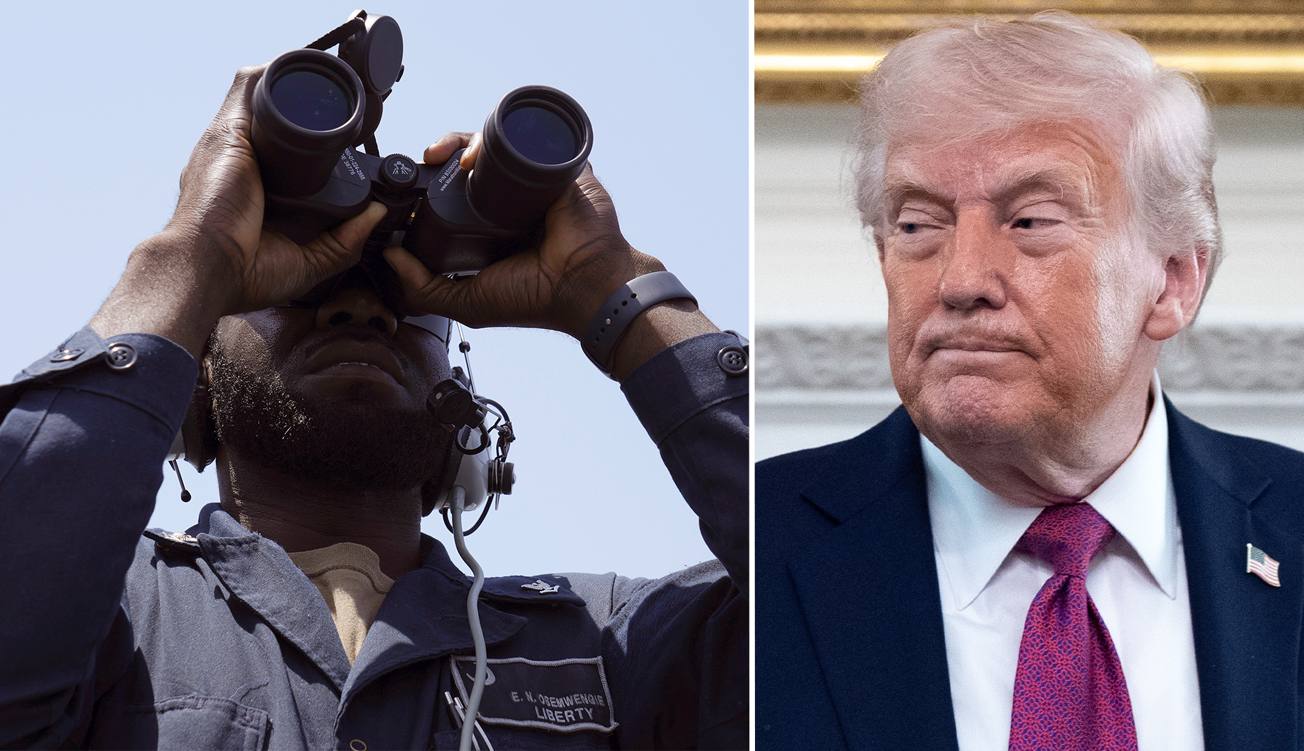 Två bilder: till vänster en amerikansk soldat som håller upp kikare mot himlen, till höger USA:s president Donald Trump.