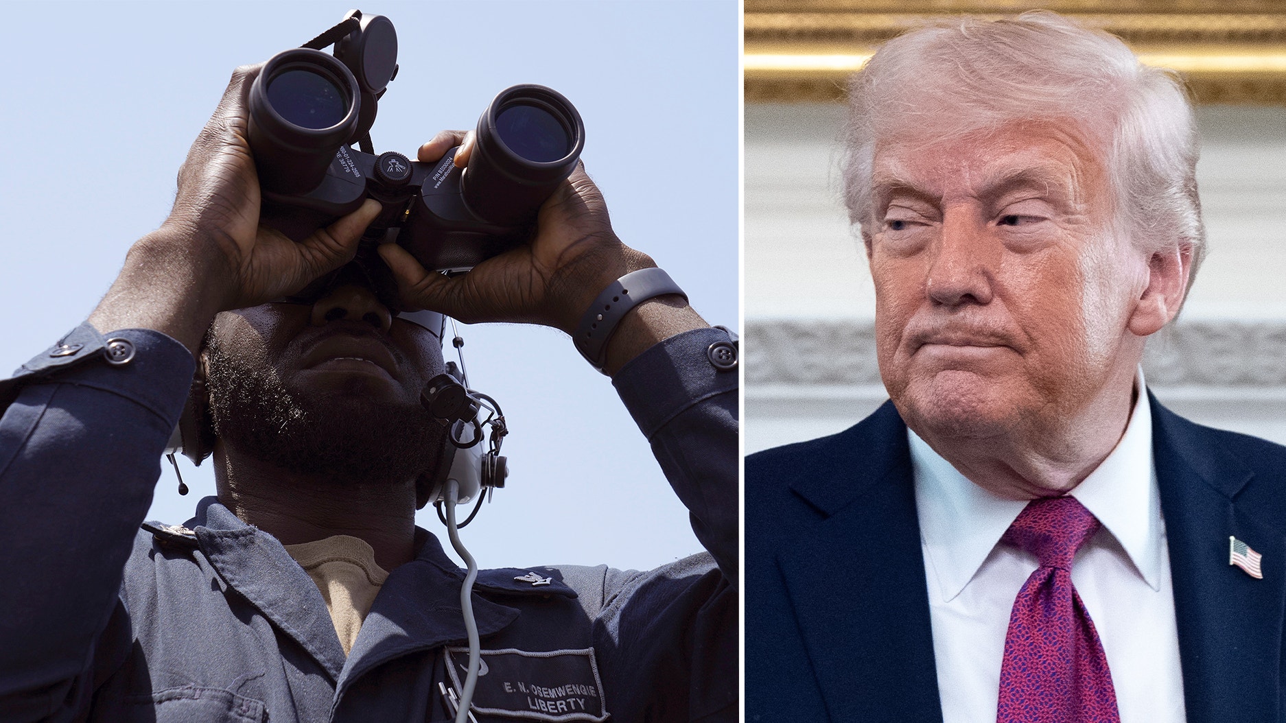 Två bilder: till vänster en amerikansk soldat som håller upp kikare mot himlen, till höger USA:s president Donald Trump.