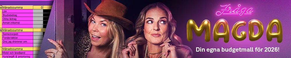 Två kvinnor med hatt och glittrande smycken mot lila bakgrund med texten "Magda" och "Din egna budgetmall för 2026!"