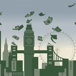 Illustration av Londons skyline med ikoniska byggnader som Big Ben och London Eye, med pengar som faller från himlen.