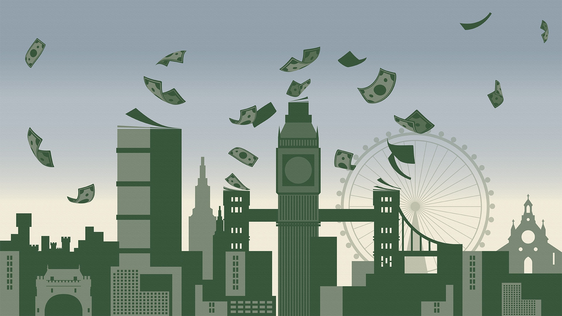 Illustration av Londons skyline med ikoniska byggnader som Big Ben och London Eye, med pengar som faller från himlen.