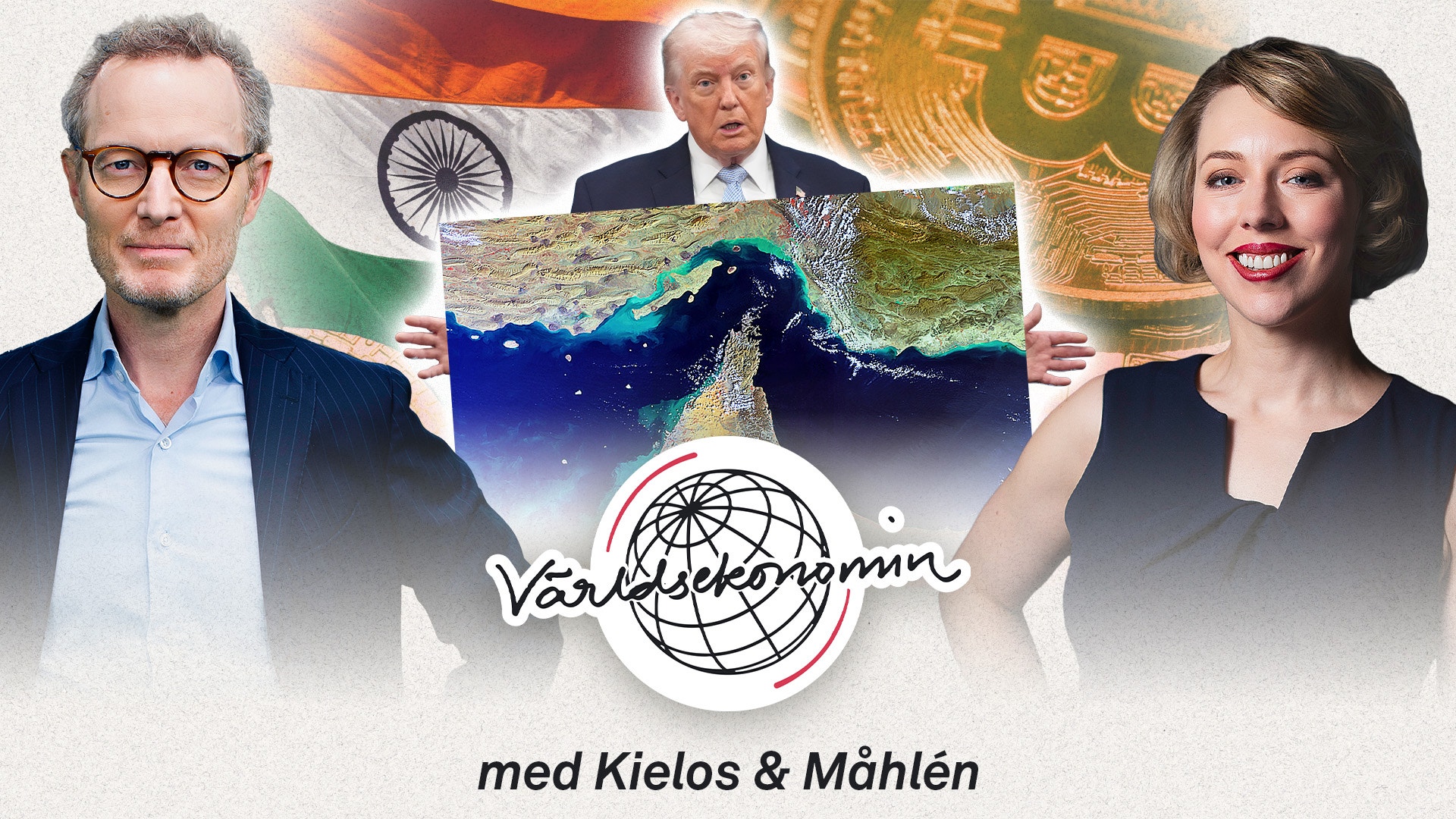 Världsekonomin-podcast med tre personer, Indiens flagga, en karta över Indien och guldmynt