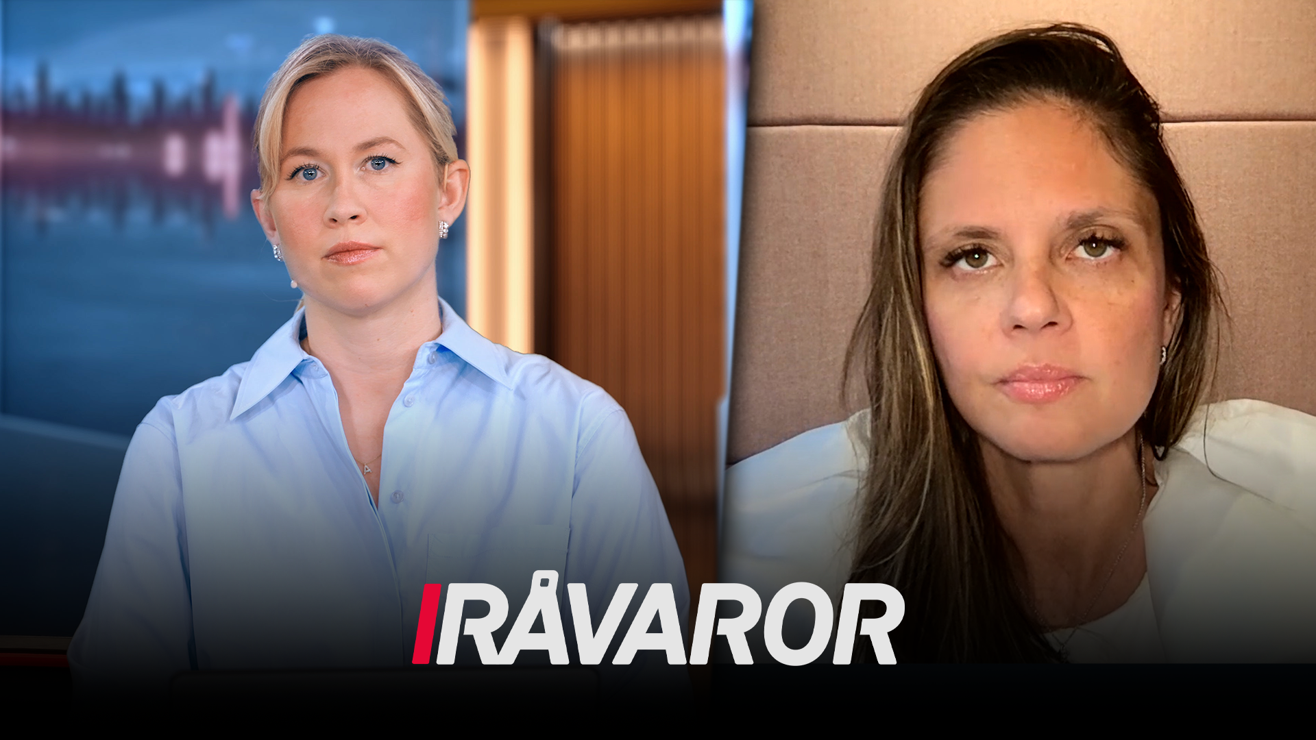 Två allvarliga kvinnor bredvid varandra, den ena i blå skjorta i en tv-studio och den andra i ljus tröja framför en beige vägg. Texten ”Råvaror” syns nederst.