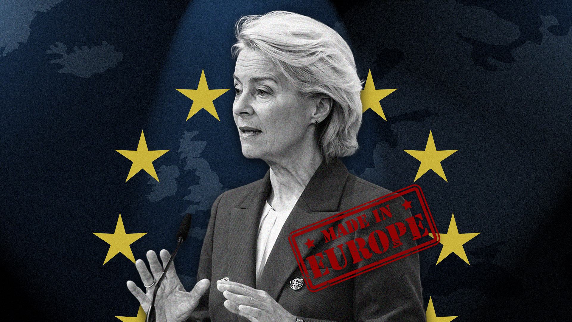 Porträtt av en kvinna framför EU-flagga med texten "Made in Europe"